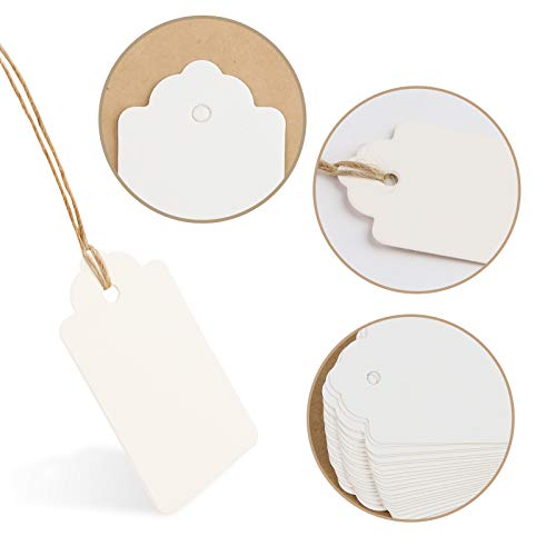 SallyFashion Paper Gift Tags, 100 PCS White Gift Tags 100 PCS Brown Gift Tags with String for DIY Arts and Crafts Christmas DIY Kraft Gift Tags
