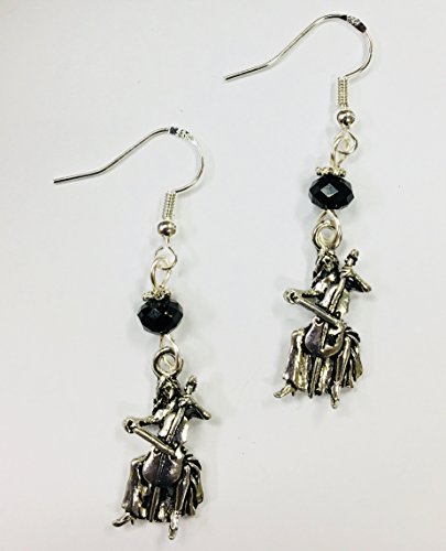Cello Player or Celloist Charm Earrings with jet crystal faceted accent beads, on sterling silver earwires