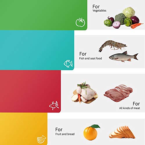 Cutting board, JUSHOOR,Extra Thick Flexible Plastic Kitchen Cutting Board Mats Set, Set of 4 Colored Mats With Food Icons & Easy-Grip Handles, BPA-Free, Non-Porous, Dishwasher Safe