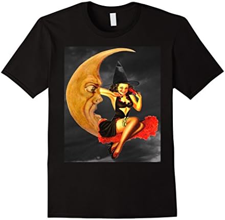 Mens Vintage Pin Up Girl Witch on Moon Halloween T-shirt Large Black