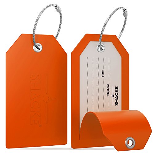 Shacke Luggage Tags with Full Back Privacy Cover w/ Steel Loops - Set of 2 (Orange)