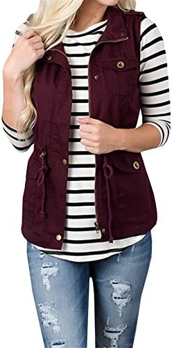 Didala Womens Fashion Sleeveless Button Casual Pockets Drawstring Military Vest Jacket Waistcoat