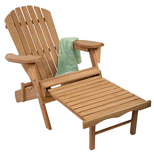 Hulaloveshop Foldable Wood Pull Out Adirondack Chair Folding Ottoman Outdoor Patio Lawn Yard Garden Deck Furniture Fold Up Portable