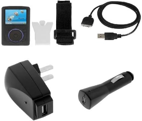 Durable Flexible Soft Black Silicone Skin Case with Belt Clip and Armband + USB Car + USB Home Travel Charger + USB Data Cable for Sandisk Sansa Fuze
