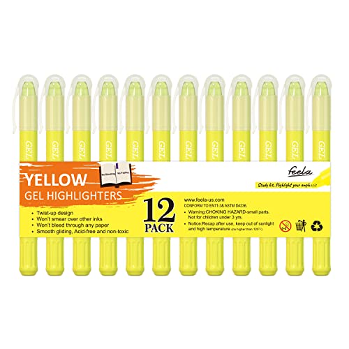 feela 12 Pack Yellow Gel Bible Highlighters Markers Journaling Supplies, No Bleed Through For Highlighting Journal School Office