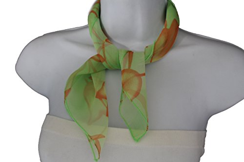 TFJ Women Fashion Small Scarf Sheer Floral Fabric Orange Flowers Pocket Square Green