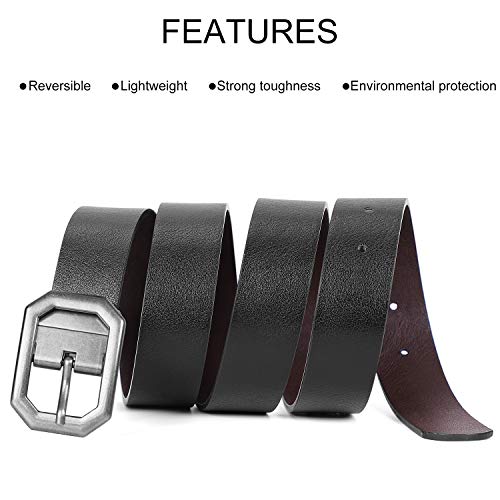 Reversible Women Leather Belt, Reverse Lady Belt for Jeans with Rotated Buckle, A-Black/Coffee, Perfect for Pants 32-36 Inches