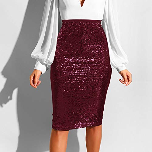 VICCKI Women Fashion Solid Slim High Waist Push up Hip Pencil Zipper Sequin Skirt Wine