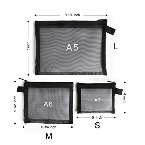 Patu Zipper Mesh Bags, 3 Pieces Assorted Sizes (A5 / A6 / A7) - Pencils Office Documents Classifying and Collecting, Cosmetic Travel Kit Organizer Pouch, Black