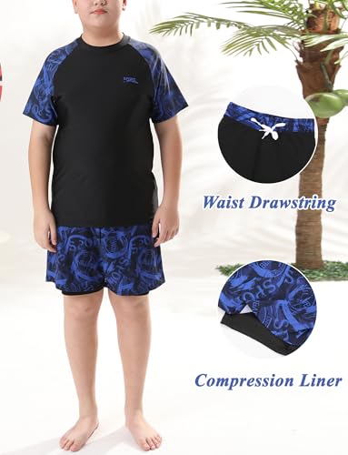 SEAUR Boys Two Piece Swimsuit Short Sleeve Swimming Costume with Swim Trunks Outfit Set Big Kids Swimwear Beach Surfing Bathing Suit 9-15 Years