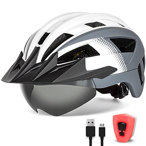 FUNWICT Fahrradhelm mit Visier für Herren Damen, Leichte Fahrradhelm mit Magnetischem Brille und USB-Aufladung LED Licht, Stylisch Mountainbike Helm (