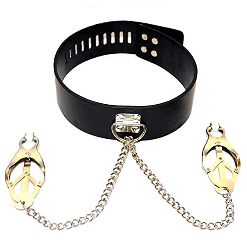 The Bondage locker Fetish and Bondage Neck Collar with Japanese Clover Clamps, Black