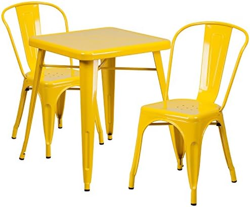 Winston Direct's Leisure Series 24'' Square Metal Table Set with 2 Stack Chairs - Yellow Metal Table Set