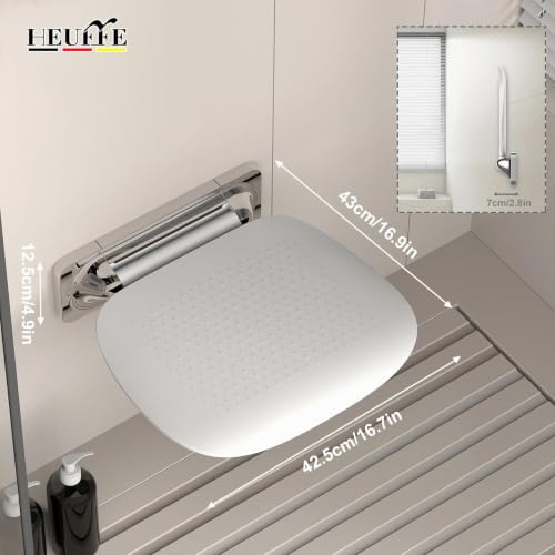 Heuffe Folding Shower Seat with Wall Mount and Large Seat – Ergonomic Non-Slip Bathroom Stool for Elderly and Disabled, Maximum Load 180 kg, White