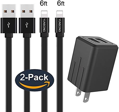 Wall Charger, YUNSONG Dual Port Travel Wall Power Adapter 2.4A with Lightning Cable[2-PACK] (6ft) Data Charge Sync Cable for iPhone 7/6S Plus/5S, iPod, iPad Air/mini - Black