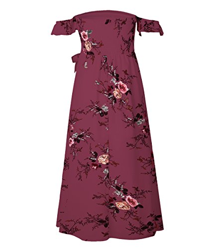 Poptem Womens Summer Maxi Beach Wedding Dress Off Shoulder Ruffles Floral Casual High Waist Flowy Split Sundresses(Red S)