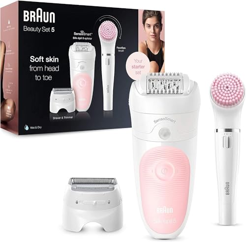 Braun Silk-épil 5 Beauty-Set, Epilierer Damen / Haarentferner, Aufsätze für Rasierer, Peeling, Reinigung für Gesicht und Körper, Tasche, 5-895, weiß/f