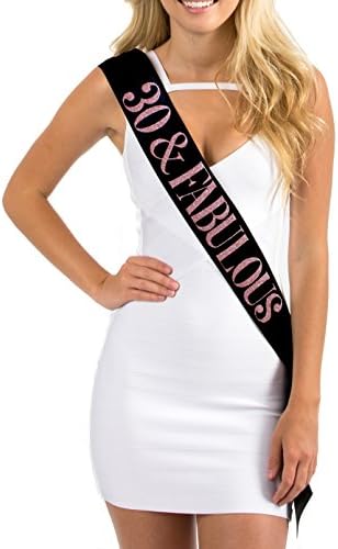 Dulcet Downtown Black Satin 30 & Fabulous Birthday Sash w/ Rose Gold Glittered Lettering / 30th Birthday Sashes