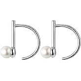 Reffeer 925 Sterling Silver Pearl Half Hoop Earrings for Women Teen Girls Bar Hoop Earrings Open Small Huggie Earrings