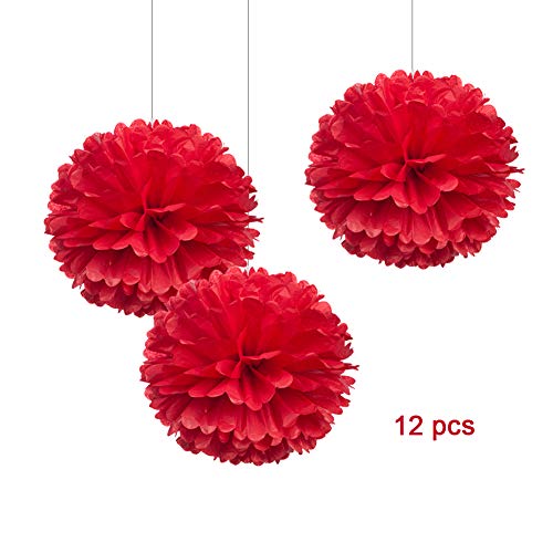 12" Red Tissue Pom Poms, DIY Paper Flower for Party Decorations, Pack of 12