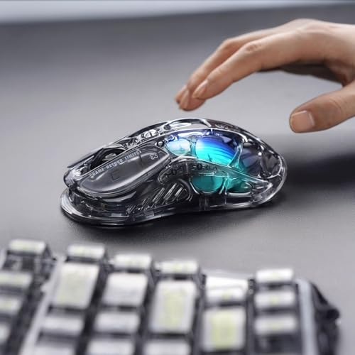 GravaStar Mercury M2 Souris de Jeu – Souris de Jeu MMO pour Ordinateur avec capteur Optique 26 000 DPI – Design léger évidé – 5 Boutons programmables – 5 Modes RVB Dynamic Lightsync (Transparent)