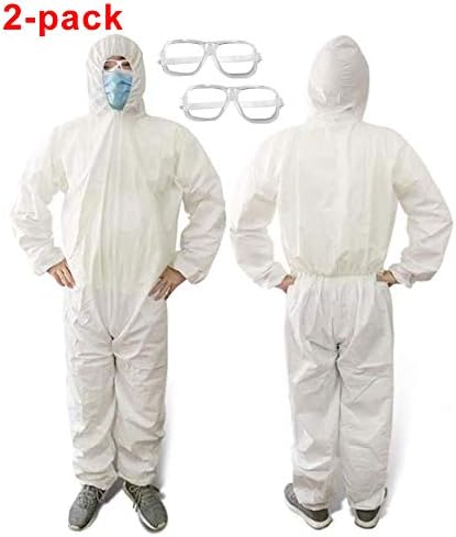 2 Pack PPE Adults Disposable Isolation Gown with Hood,Safety Personal Protection Isolation Gown,Indoor Outdoor Coverall Protection Garment for Men Women Jumpsuit Safety Glasses in stock