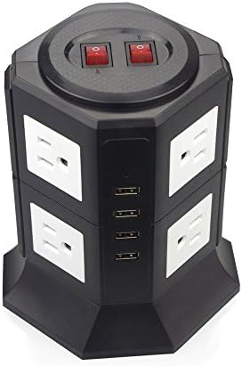 TOPEREK 8-Outlet Tower Power Strip with 4-USB Port Surge Protection Power Socket 1875W 110-125V Worldwide Charging Station with 6.5 Feet 18AWG Extension Cord Cable for Home &amp; Office Black White