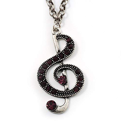 Avalaya Dark Purple Crystal Music Treble Clef Pendant with Aged Silver Tone Chain - 40cm L