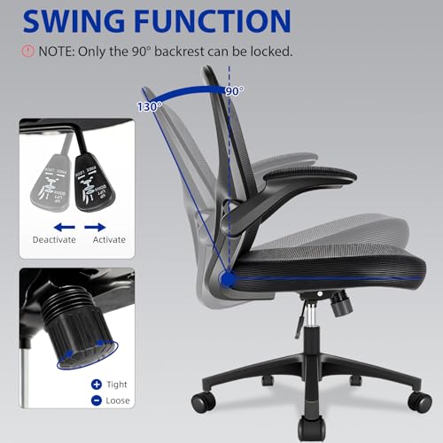Durrafy Ergonomic Office Chair, Mesh Desk Chair with Adjustable Lumbar Support & Flip-Up Arms, Height Adjustable Swivel for Home Office, Mid Back with Castors, Black