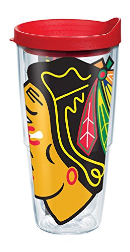 Tervis 1098761 NHL Chicago Blackhawks Colossal Wrap Tumbler with Red Travel Lid, 24 oz, Clear