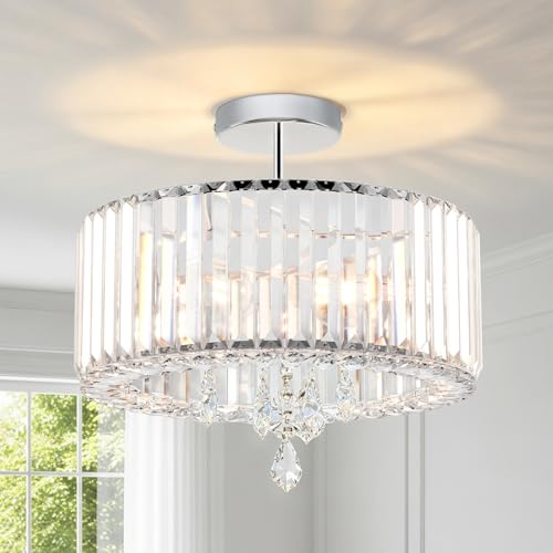 ANWIO Modern Crystal Ceiling Light, Silver Ceiling Light, Chandelier with 3 E27 Base, Glass Shade for Hallway, Entrance, Kitchen, Bedroom, Living Room (37 cm, Without Bulb)