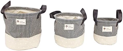 3pcs Zakka Foldable Storage Bins Bags Basket Cotton Linen Fabric Stripe Storage barrel Laundry Basket Home Decoration Organizer (Grey)