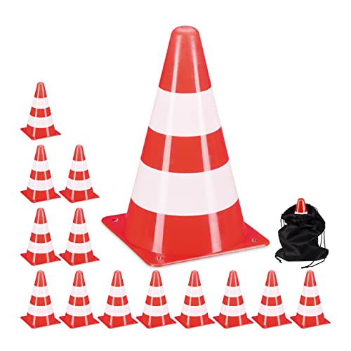 Relaxdays Safety Cones, Set of 14, for Football and Dog Training, Sports Markers, 23 cm High, Traffic, Stacking, Orange