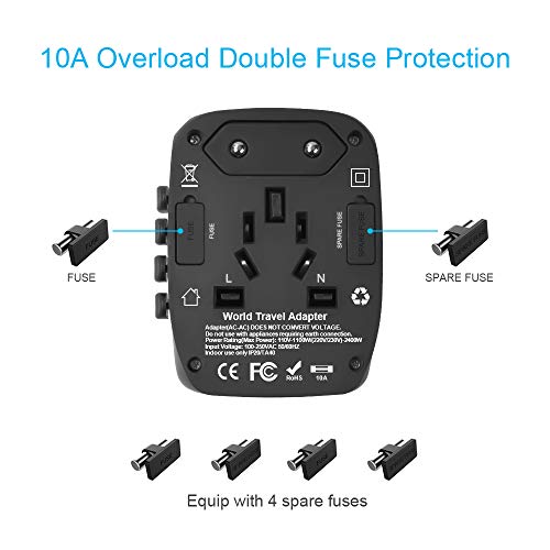 Travel Adapter, 2400W International Power Adapter, Universal Adapter with 4 USB Ports, Perfect for UK, EU, AU, US, Over 150 Countries (Black)