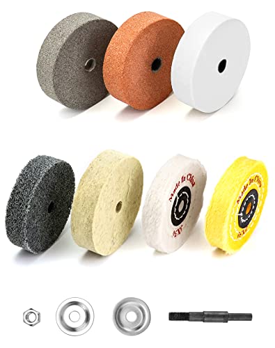 QWORK Buffing Wheel Kit, 7 Pcs Polishing Wheels with Drill Shaft Adapter for Mini Grinder/Bench Grinder, Grinding Wheel/Fiber/Wool/Cotton Buffing Wheel 3 Inch O.D. 3/8 Inch I.D. (Ø75xø10x20mm) by QWORK - Used condition - US$11.26