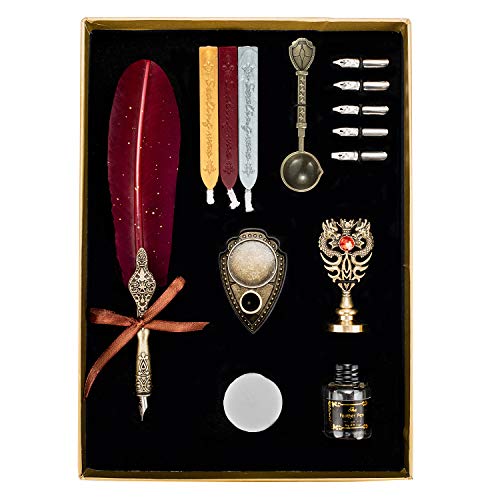 Retro Carving Feather Pen Set，Antique Dip Feather Pen Set Calligraphy Pen，Quill PenSet Gift.English Calligraphy Pen.Novelty Stamp Holder, Wax Candle. (red)