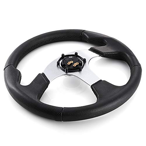JZK Classic Universal Car Boat Steering Wheel 350mm 6 Bolts Quick Release PVC Material Brushed Stainless Spokes