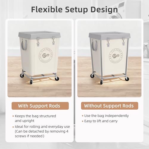 STORAGE MANIAC Commercial Laundry Hamper with Heavy Duty Steel Frame, 160 L Industrial Clothes Basket Cart with Wheels for Hotel, Home, Laundry Room, 18''L x 18''W x 31''H, Medium Beige