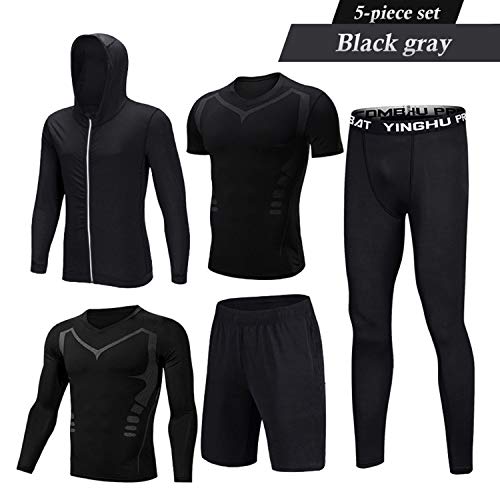 5PCS /Men Workout Outfit Set Gym Running Fitness Sportswear Kit Compression Pants Shirt Top Long Sleeve Jacket Set Black Gray
