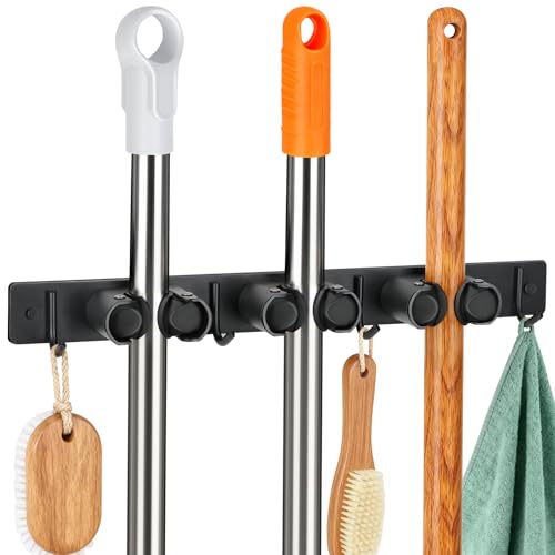 Alyvisun Broom and Mop Hanger 3 Slots and 4 Hooks, Broom Holder Wall, Broom Holder Wall for Bathroom, Home, Garage and Garden Brushes – Black