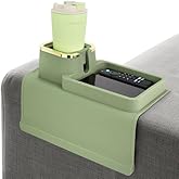 LifeBox Couch Cup Holder Tray & Coffee Cup - Silicone Sofa Caddy for Arm Rest - Recliner Chair Remote Holder Table - Olive