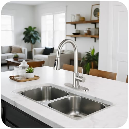 LUFG Brushed Nickel Kitchen Faucet with Pull Down Sprayer and Deck Plate | SUS 304 Stainless Steel, Single Handle, 3 Spray Modes, 360° Swivel Spout, RV Laundry Bar Sink, Deck Plate, NSF372 NSF61 cUPC
