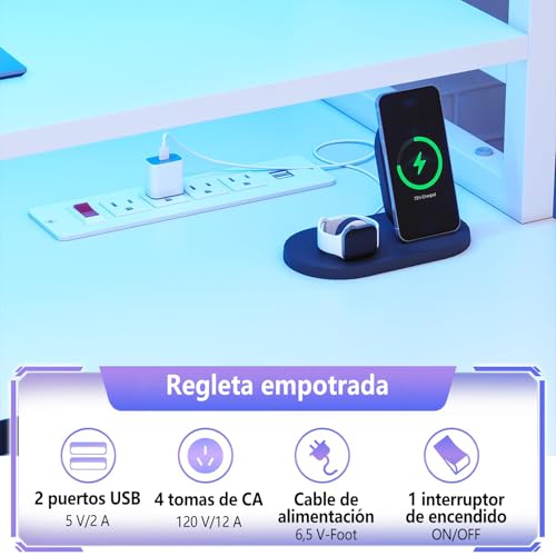 Escritorio gamer 190cm, escritorio para computadora con soporte para monitor, mesa para juegos con luces LED, mesa para PC con cajón y estantes de almacenamiento para dormitorio y sala de estar Blanco