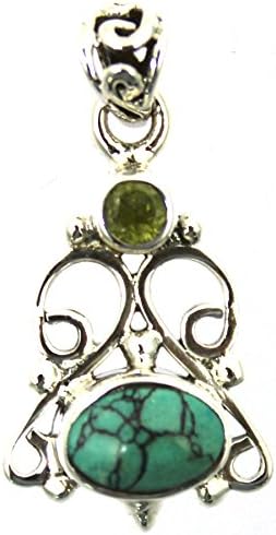 925 Sterling Silver Pendant Studded with Peridot, Turquoise Synthetic, 1.39gm, Length 0.91inch, Width 0.49inch