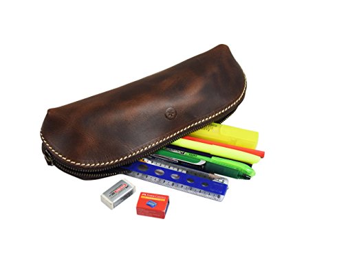 Vintage Leather Zippered Pen/Pencil Case | Classic Cylindrical Design Craft/Art Supplies Storing Kit | Portable Travel Cosmetics Makeup Pouch By Aaron Leather (Dark Brown) - Thumbnail 3