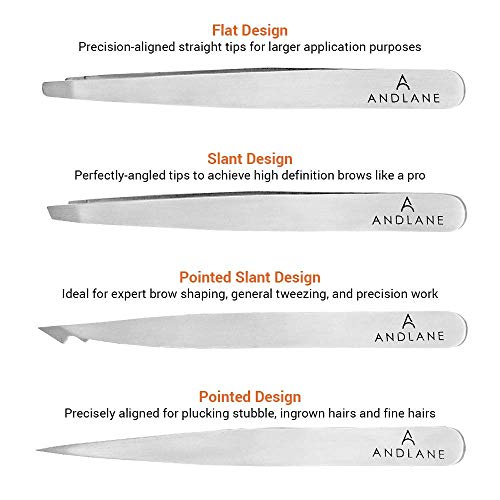 Andlane Tweezers Set - Professional Stainless Steel 4-Piece Precision Tweezer for Men & Women - Great for Facial Hair Removal, Eyebrow Shaping, Splinters & Ingrown