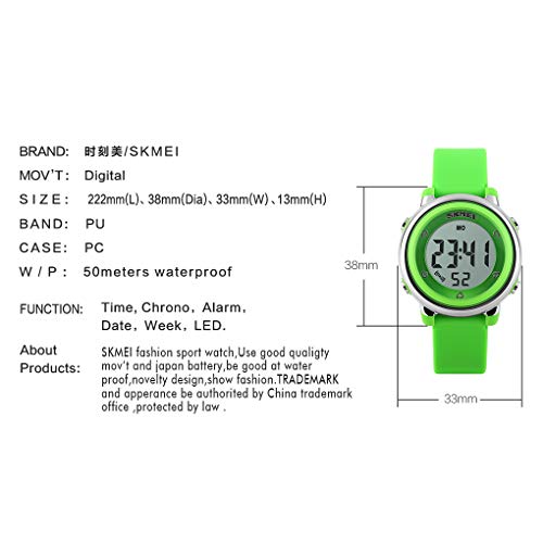 Skmei Kids Digital Watch, Waterproof Boys Girls Colorful LED Light Watches Childern Wristwatches with Stopwatch (Green) - Thumbnail 2
