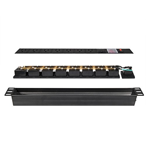 Kungfuking Aluminum Alloy Shell 7 Outlet Rack-Mount Server PDU, Power Distribution Unit, 1U/15A/110V, Power Strip with Surge Protector 6ft Power Cord (Black)