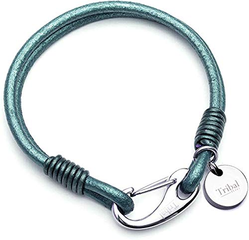Tribal Steel Women's Jade 2-Stranded Charm Bracelet - Ladies 19cm Leather Bracelet with Branded Disc Charm, Stainless Steel Lobster Clasp