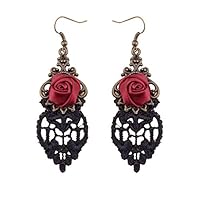 loinhgeo- Decor Props,Halloween Vintage Gothic Vampire Red Rose Flower Lace Drop Dangle Hook Earrings - Red